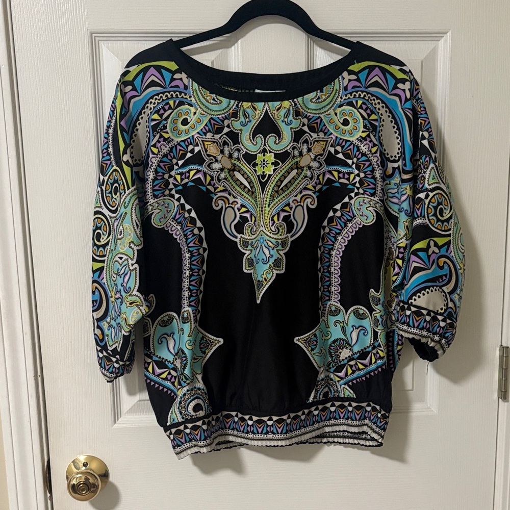 New York & Company Black and Multicolor Paisley Blouse